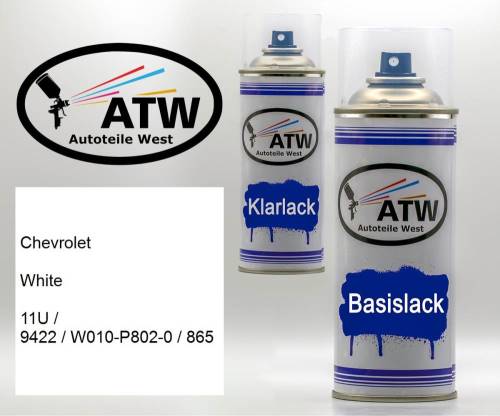 Chevrolet, White, 11U / 9422 / W010-P802-0 / 865: 400ml Sprühdose + 400ml Klarlack - Set, von ATW Autoteile West.
